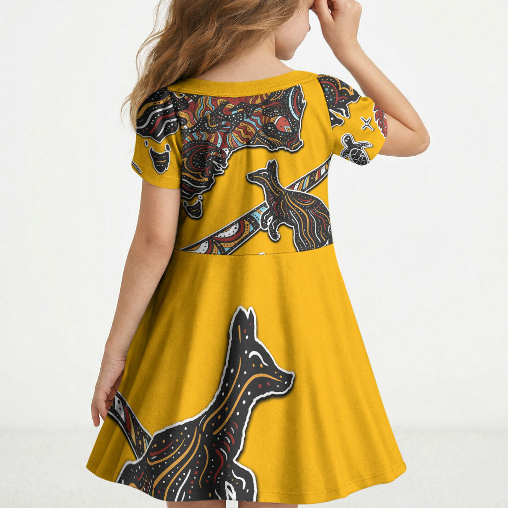 Didgeridoo Kangaroo Australia Kid Short Sleeve Dress Aboriginal Dot Art Indigenous Wildlife