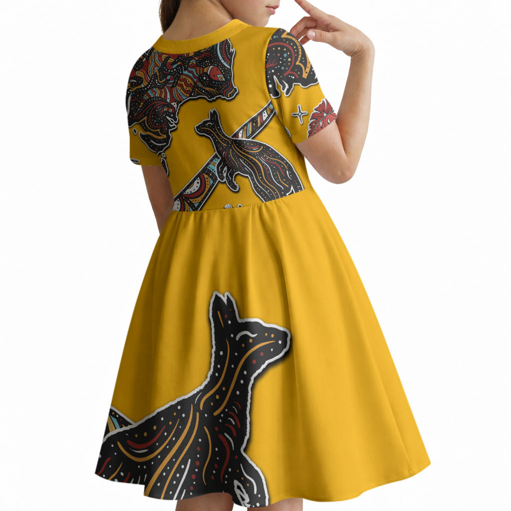 Didgeridoo Kangaroo Australia Kid Short Sleeve Dress Aboriginal Dot Art Indigenous Wildlife