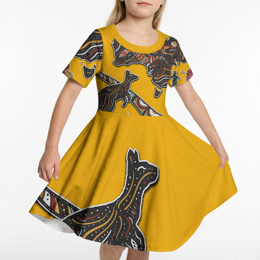 Didgeridoo Kangaroo Australia Kid Short Sleeve Dress Aboriginal Dot Art Indigenous Wildlife