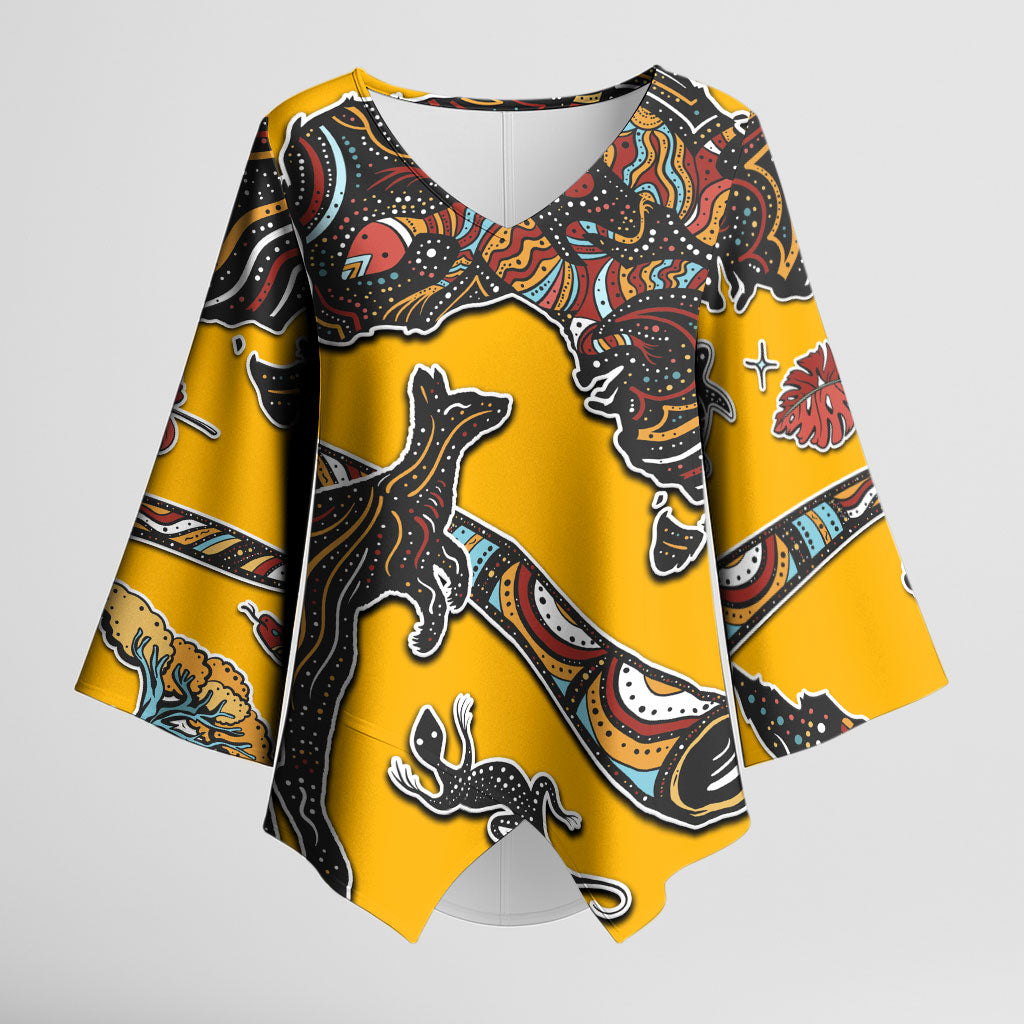 Didgeridoo Kangaroo Australia Kimono Sleeve Blouse Aboriginal Dot Art Indigenous Wildlife