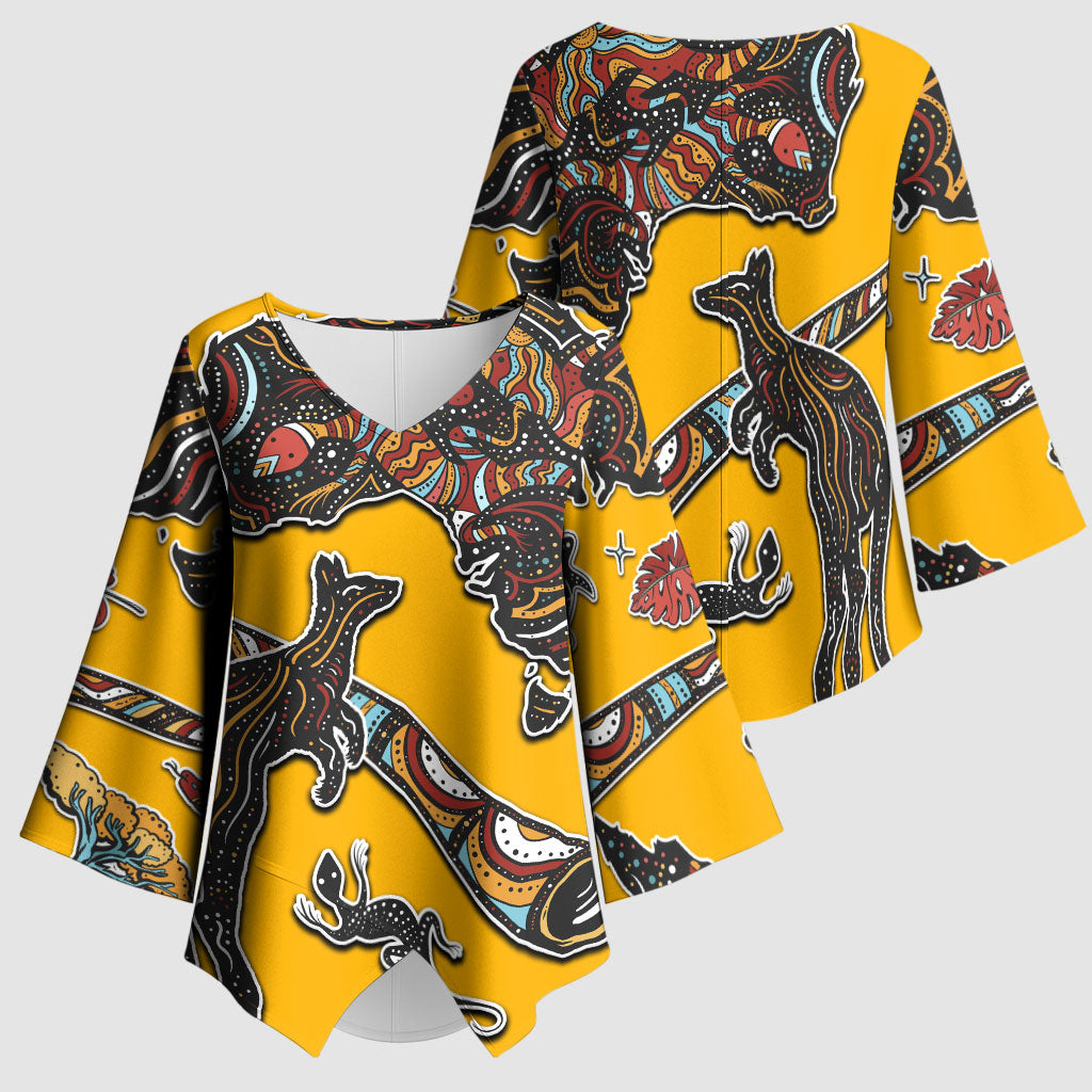Didgeridoo Kangaroo Australia Kimono Sleeve Blouse Aboriginal Dot Art Indigenous Wildlife
