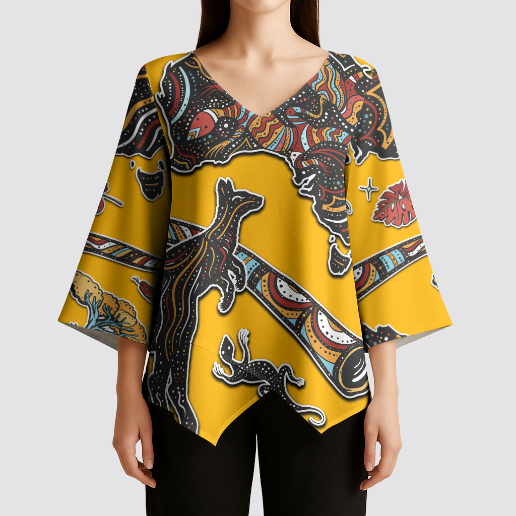 Didgeridoo Kangaroo Australia Kimono Sleeve Blouse Aboriginal Dot Art Indigenous Wildlife