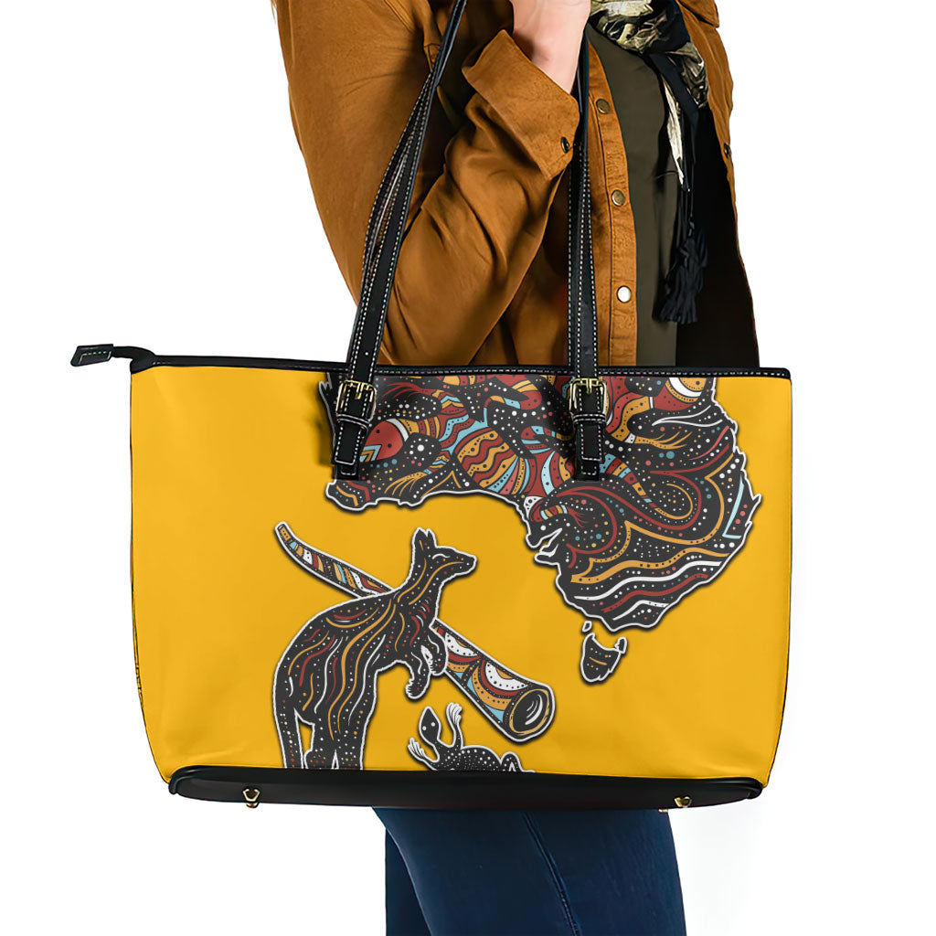 Didgeridoo Kangaroo Australia Leather Tote Bag Aboriginal Dot Art Indigenous Wildlife
