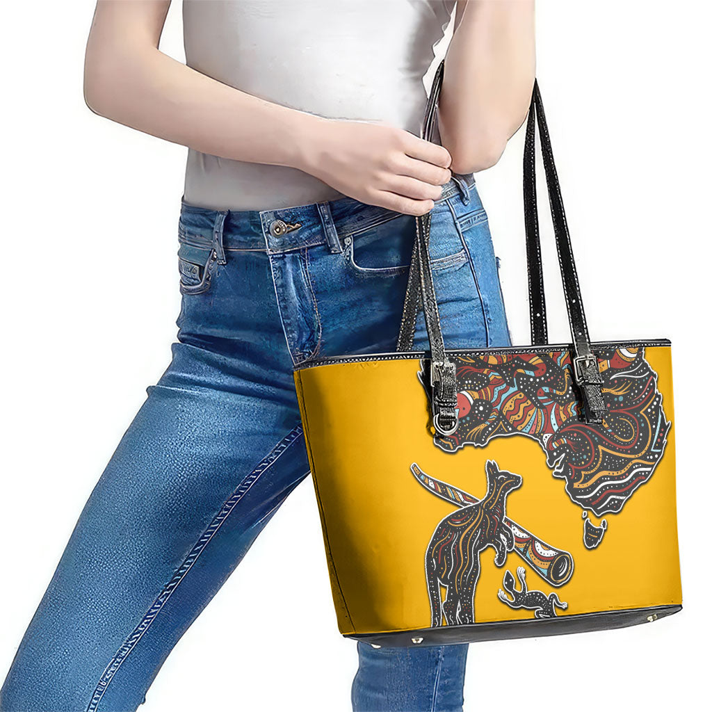 Didgeridoo Kangaroo Australia Leather Tote Bag Aboriginal Dot Art Indigenous Wildlife