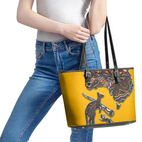 Didgeridoo Kangaroo Australia Leather Tote Bag Aboriginal Dot Art Indigenous Wildlife