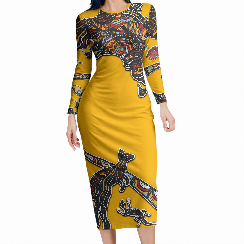 Didgeridoo Kangaroo Australia Long Sleeve Bodycon Dress Aboriginal Dot Art Indigenous Wildlife