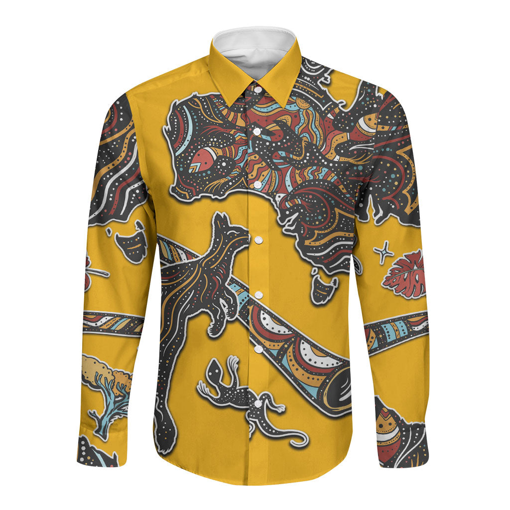 Didgeridoo Kangaroo Australia Long Sleeve Button Shirt Aboriginal Dot Art Indigenous Wildlife