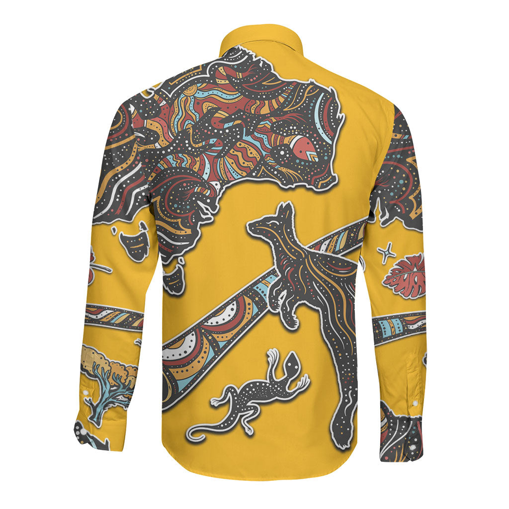 Didgeridoo Kangaroo Australia Long Sleeve Button Shirt Aboriginal Dot Art Indigenous Wildlife