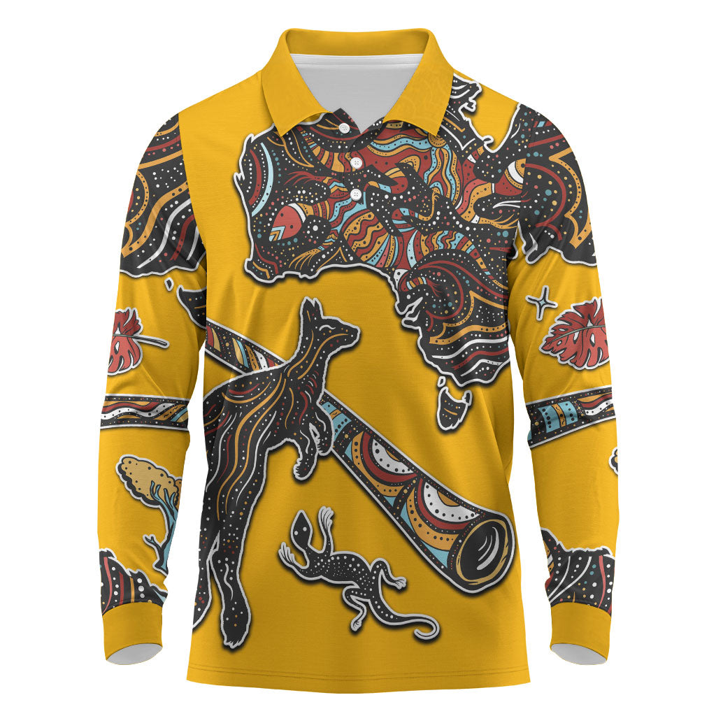 Didgeridoo Kangaroo Australia Long Sleeve Polo Shirt Aboriginal Dot Art Indigenous Wildlife