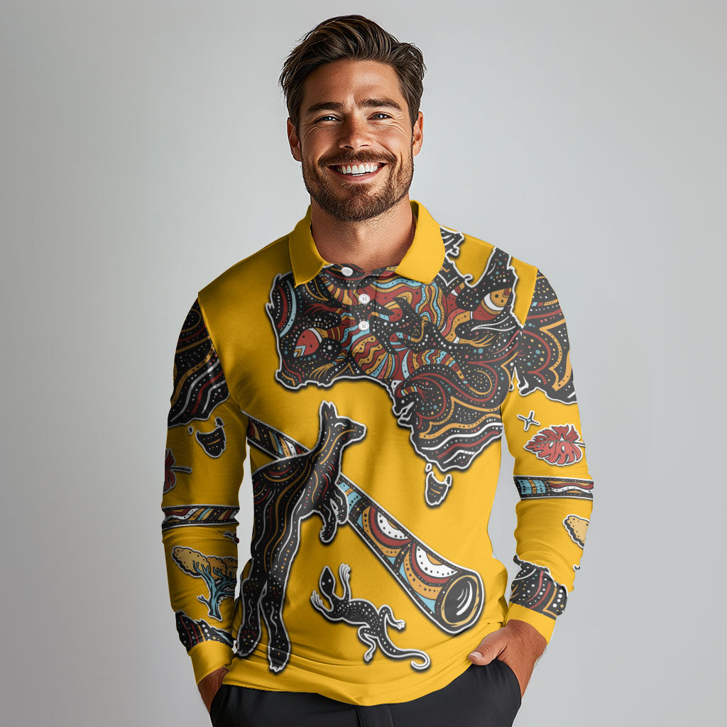 Didgeridoo Kangaroo Australia Long Sleeve Polo Shirt Aboriginal Dot Art Indigenous Wildlife