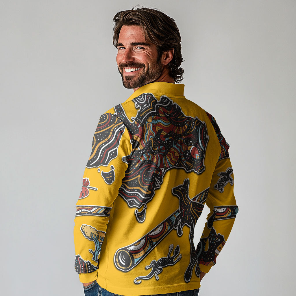 Didgeridoo Kangaroo Australia Long Sleeve Polo Shirt Aboriginal Dot Art Indigenous Wildlife