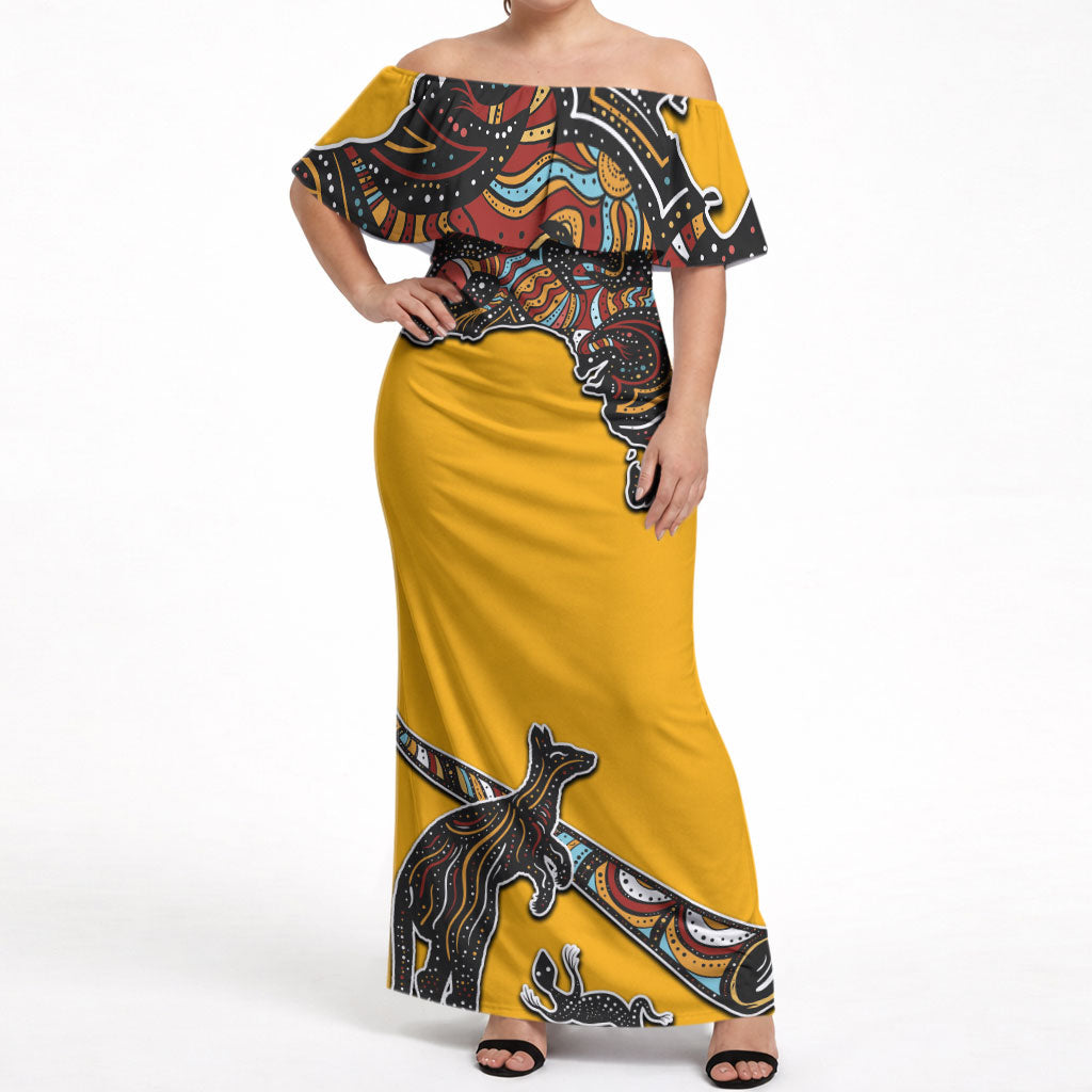 Didgeridoo Kangaroo Australia Off Shoulder Maxi Dress Aboriginal Dot Art Indigenous Wildlife