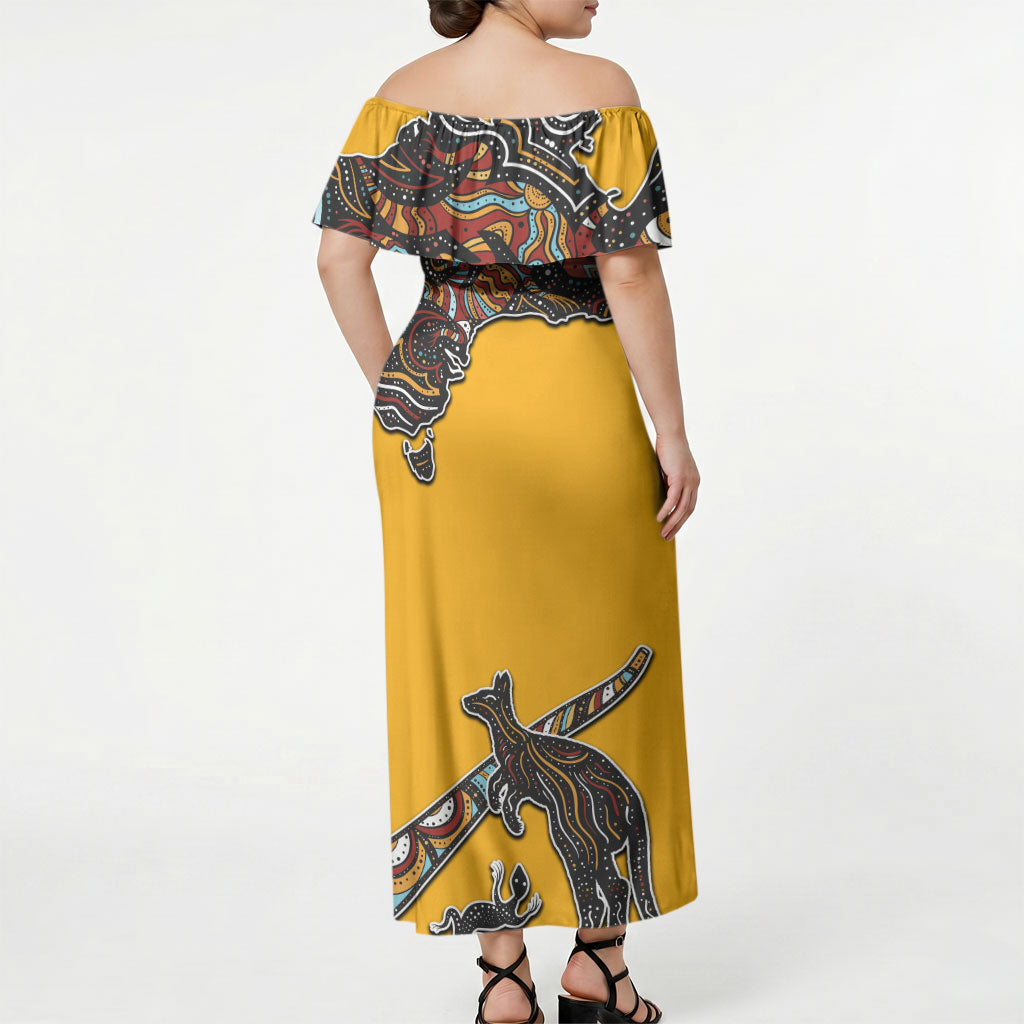 Didgeridoo Kangaroo Australia Off Shoulder Maxi Dress Aboriginal Dot Art Indigenous Wildlife