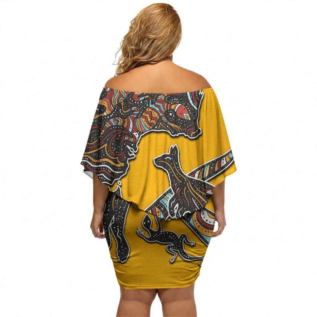 Didgeridoo Kangaroo Australia Off Shoulder Short Dress Aboriginal Dot Art Indigenous Wildlife