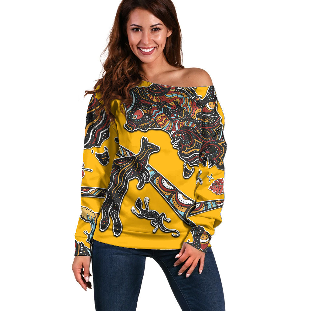 Didgeridoo Kangaroo Australia Off Shoulder Sweater Aboriginal Dot Art Indigenous Wildlife