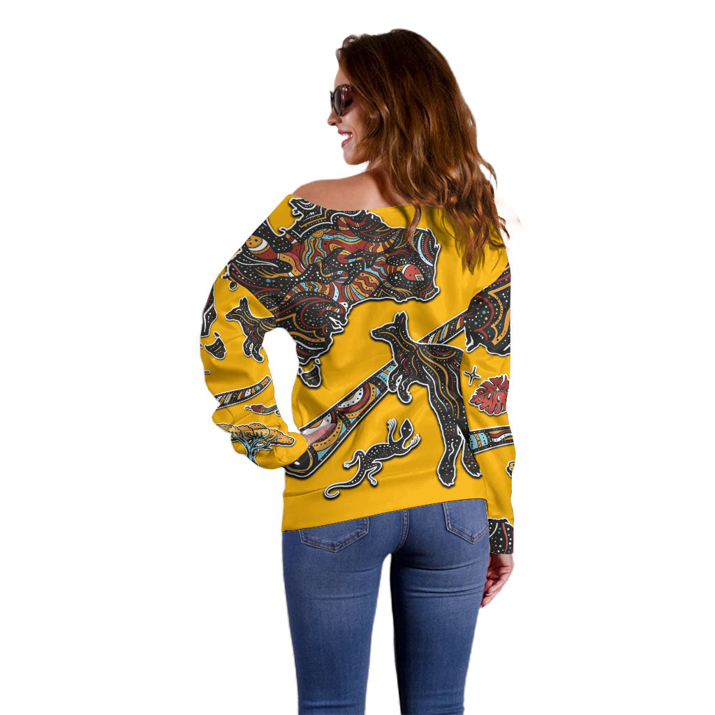 Didgeridoo Kangaroo Australia Off Shoulder Sweater Aboriginal Dot Art Indigenous Wildlife