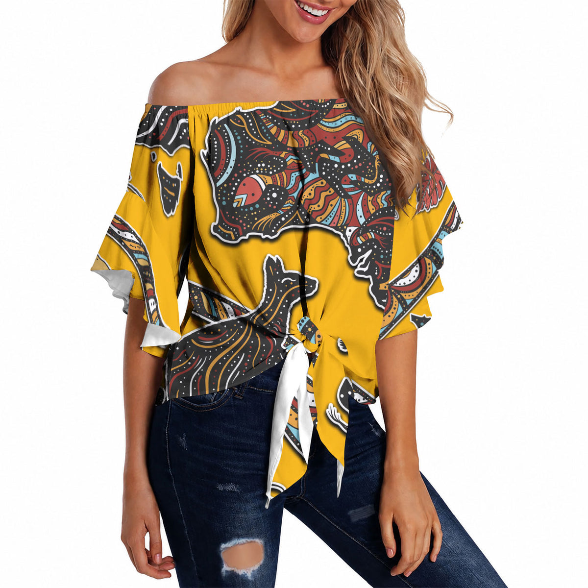 Didgeridoo Kangaroo Australia Off Shoulder Wrap Waist Top Aboriginal Dot Art Indigenous Wildlife
