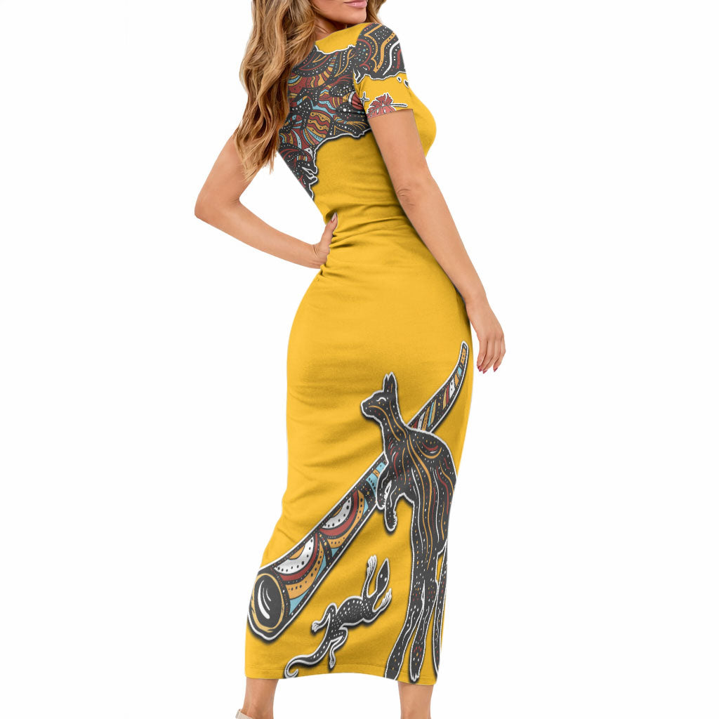 Didgeridoo Kangaroo Australia Short Sleeve Bodycon Dress Aboriginal Dot Art Indigenous Wildlife