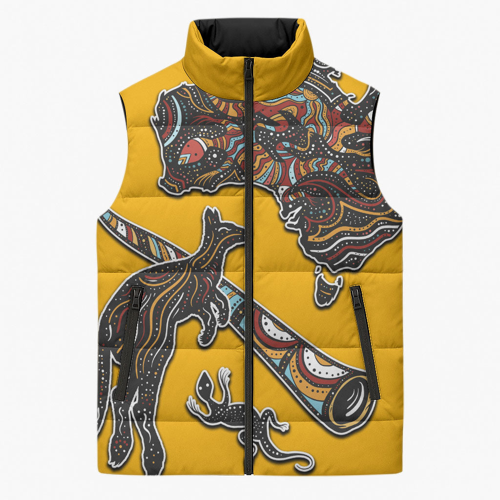 Didgeridoo Kangaroo Australia Sleeveless Puffer Jacket Aboriginal Dot Art Indigenous Wildlife