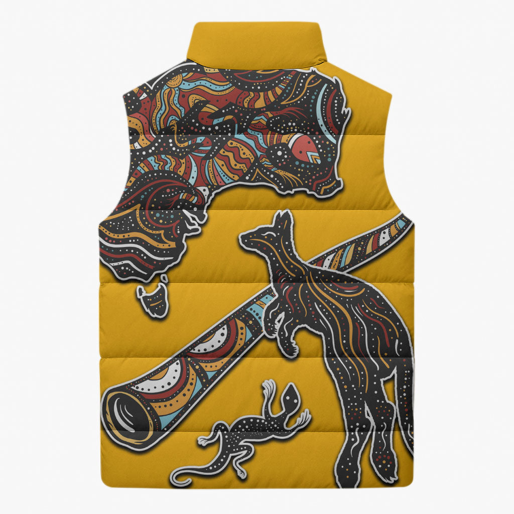 Didgeridoo Kangaroo Australia Sleeveless Puffer Jacket Aboriginal Dot Art Indigenous Wildlife