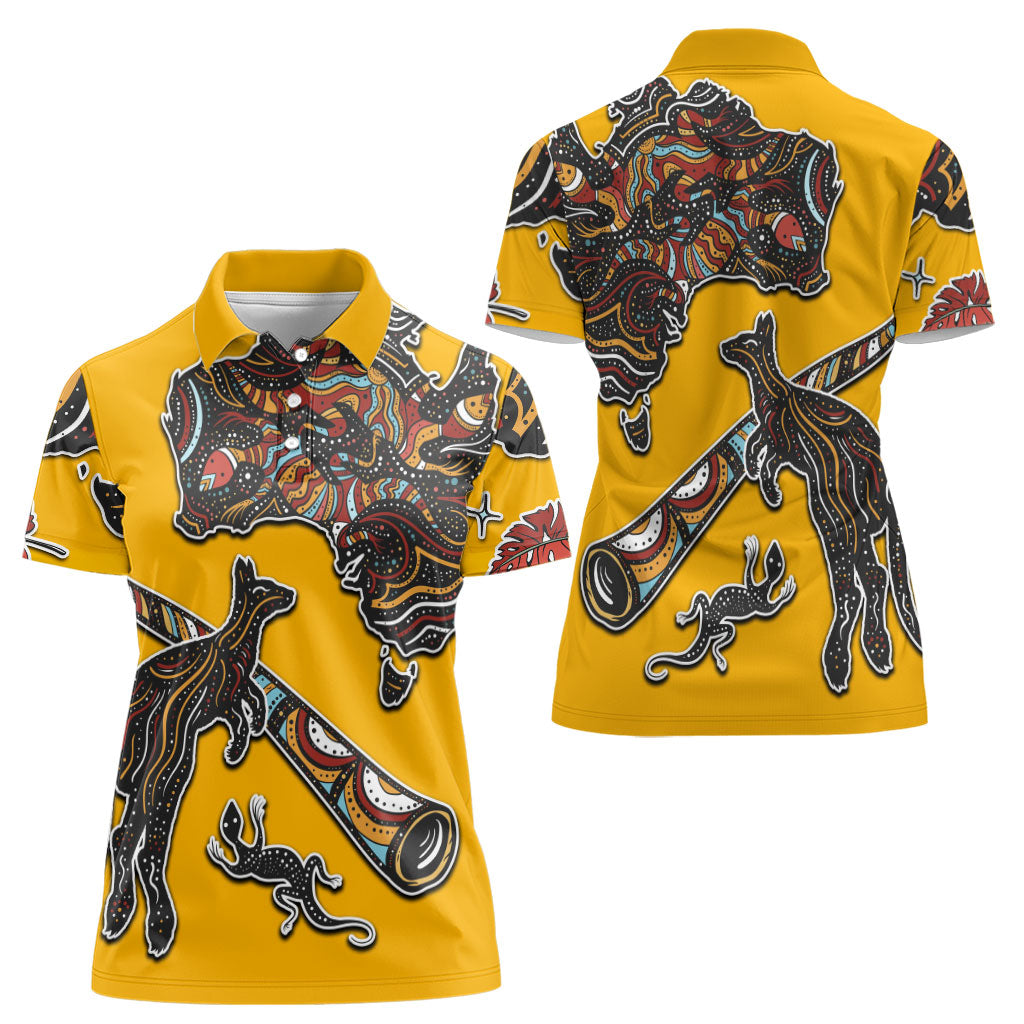 Didgeridoo Kangaroo Australia Women Polo Shirt Aboriginal Dot Art Indigenous Wildlife