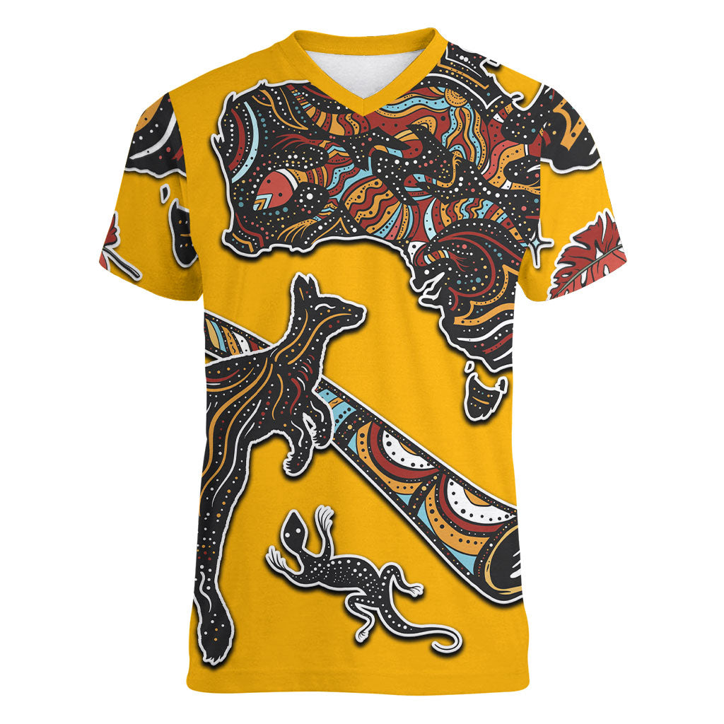 Didgeridoo Kangaroo Australia Women V-Neck T-Shirt Aboriginal Dot Art Indigenous Wildlife