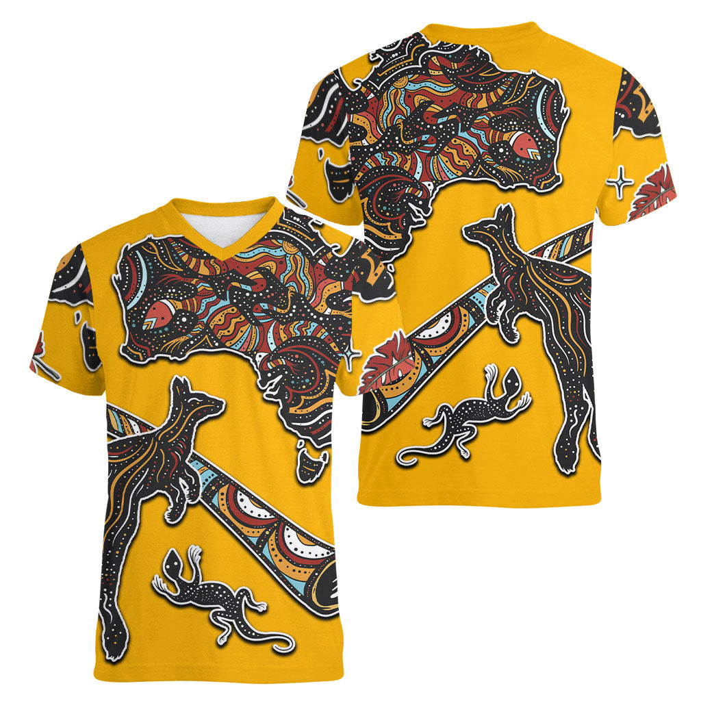 Didgeridoo Kangaroo Australia Women V-Neck T-Shirt Aboriginal Dot Art Indigenous Wildlife
