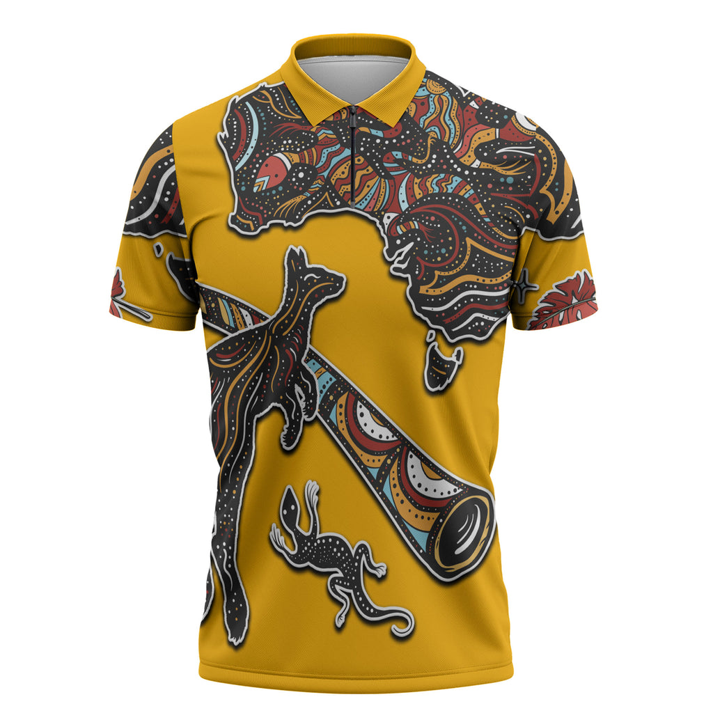 Didgeridoo Kangaroo Australia Zipper Polo Shirt Aboriginal Dot Art Indigenous Wildlife