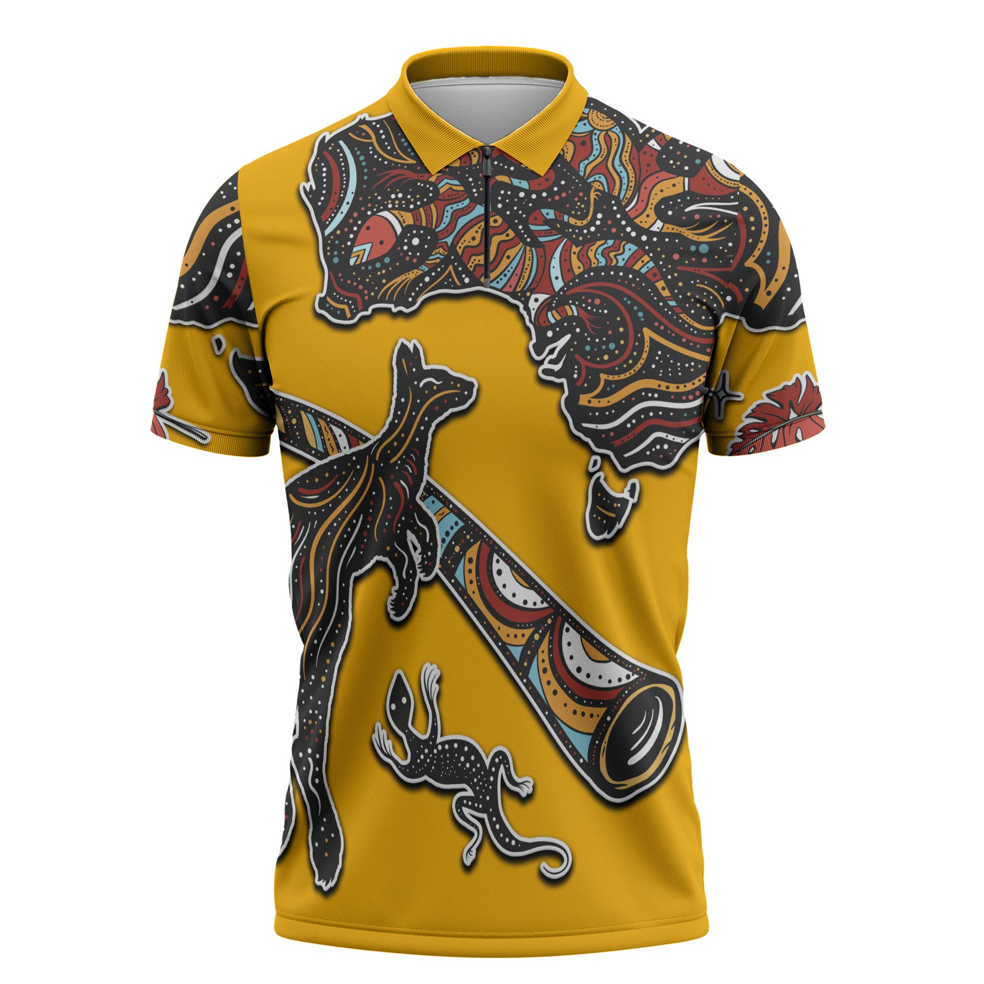 Didgeridoo Kangaroo Australia Zipper Polo Shirt Aboriginal Dot Art Indigenous Wildlife