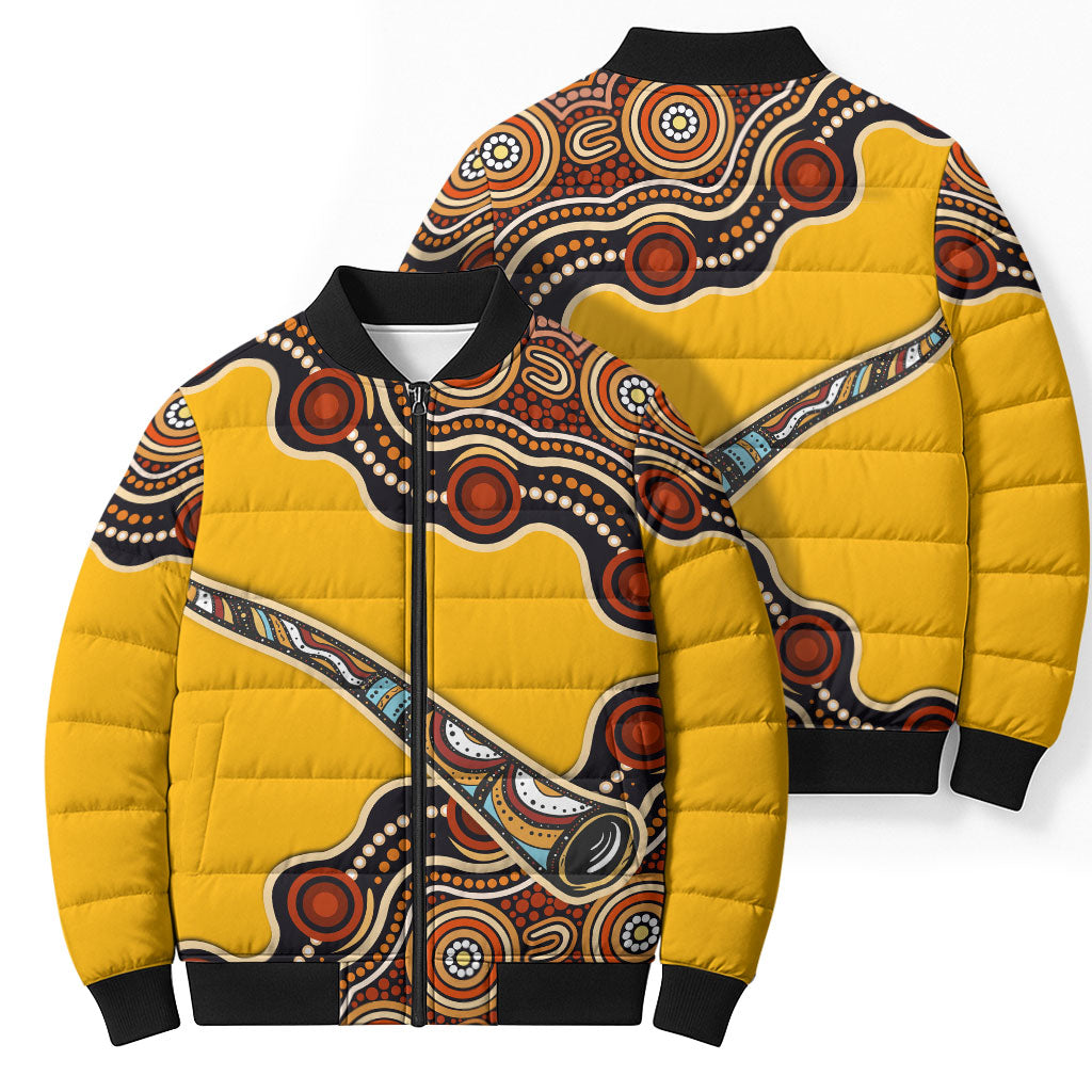 Didgeridoo Bomber Puffer Jacket Aboriginal Dot Painting Indigenous Traditional Instrument