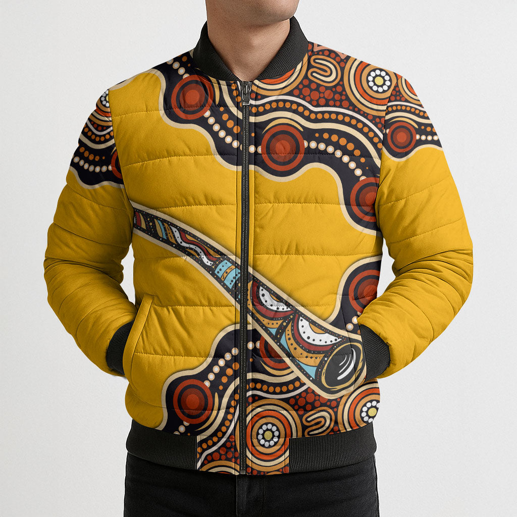 Didgeridoo Bomber Puffer Jacket Aboriginal Dot Painting Indigenous Traditional Instrument