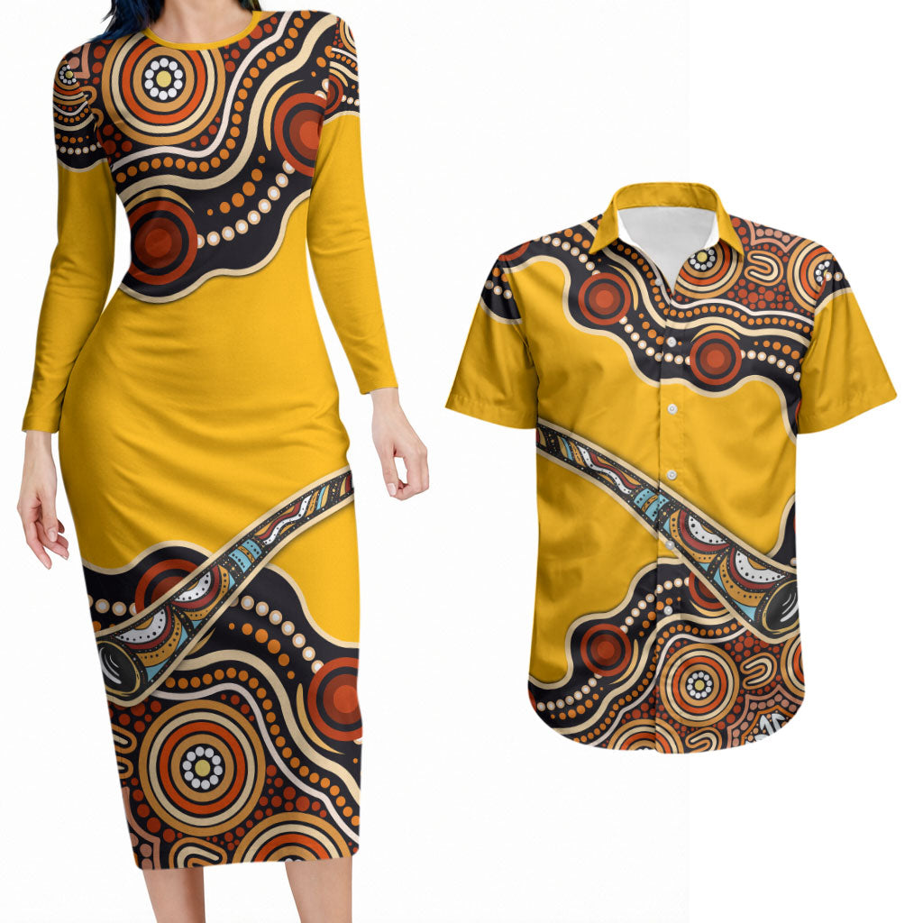 Didgeridoo Couples Matching Long Sleeve Bodycon Dress and Hawaiian Shirt Aboriginal Dot Painting Indigenous Traditional Instrument