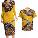 Didgeridoo Couples Matching Long Sleeve Bodycon Dress and Hawaiian Shirt Aboriginal Dot Painting Indigenous Traditional Instrument