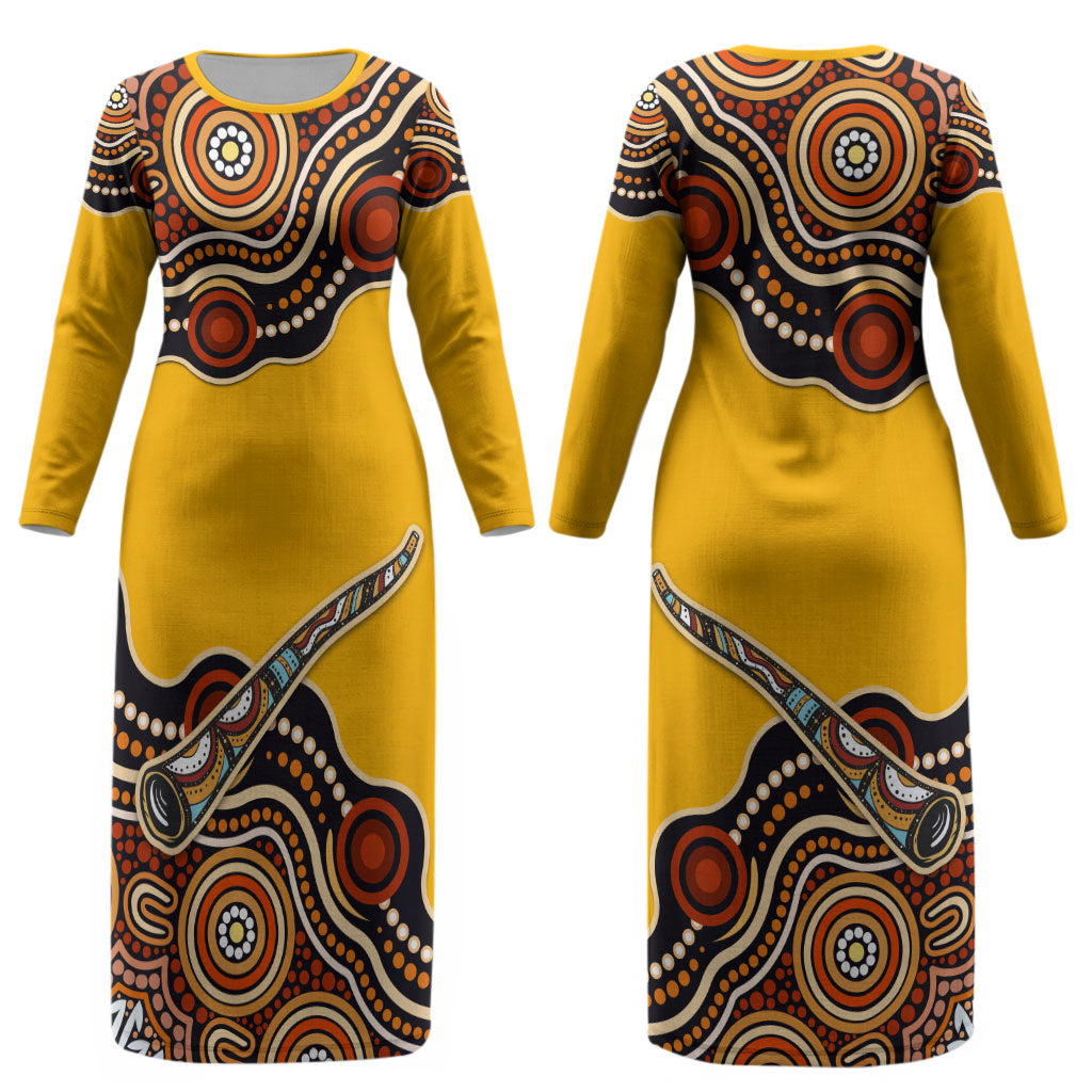Didgeridoo Couples Matching Long Sleeve Bodycon Dress and Hawaiian Shirt Aboriginal Dot Painting Indigenous Traditional Instrument
