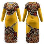 Didgeridoo Couples Matching Long Sleeve Bodycon Dress and Hawaiian Shirt Aboriginal Dot Painting Indigenous Traditional Instrument
