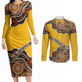 Didgeridoo Couples Matching Long Sleeve Bodycon Dress and Long Sleeve Button Shirt Aboriginal Dot Painting Indigenous Traditional Instrument