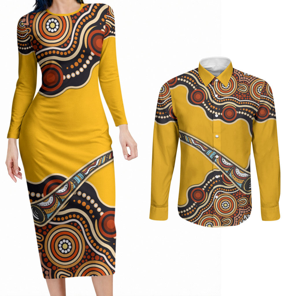 Didgeridoo Couples Matching Long Sleeve Bodycon Dress and Long Sleeve Button Shirt Aboriginal Dot Painting Indigenous Traditional Instrument