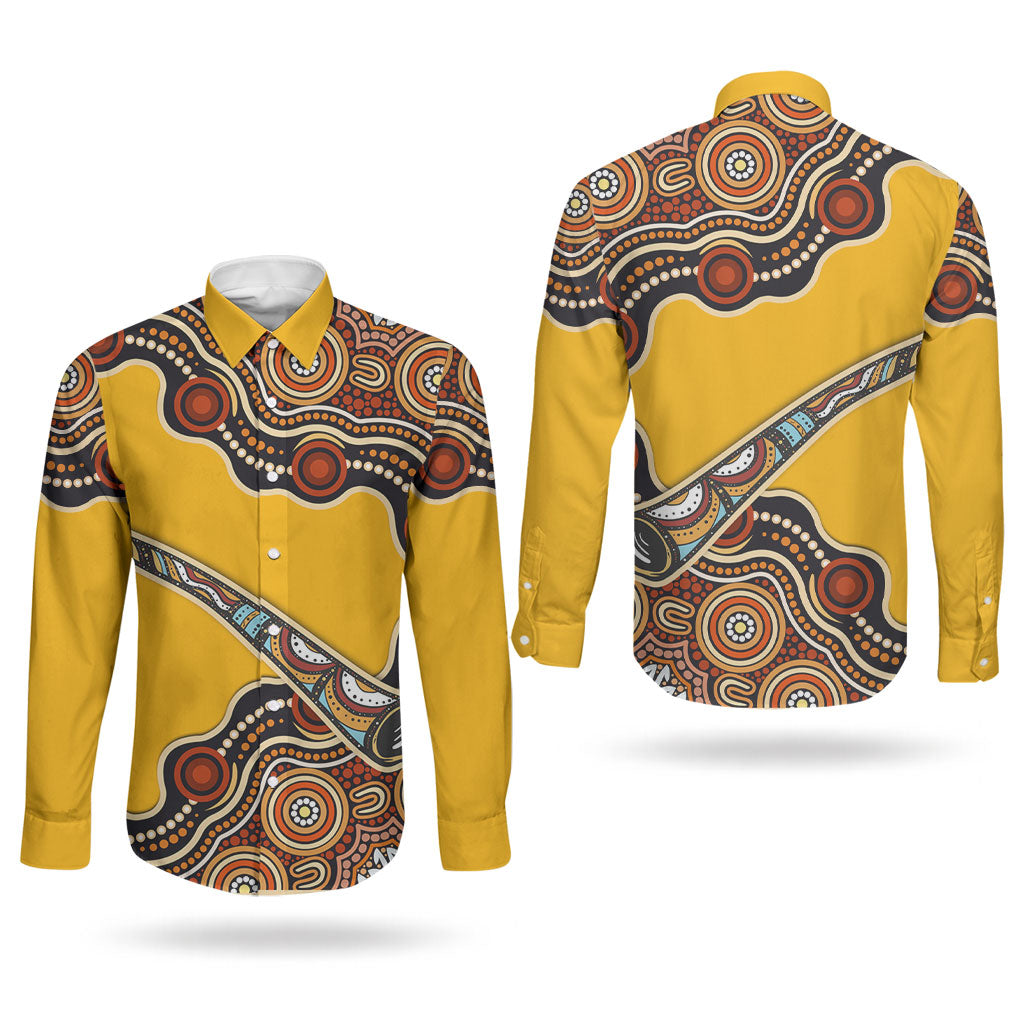 Didgeridoo Couples Matching Long Sleeve Bodycon Dress and Long Sleeve Button Shirt Aboriginal Dot Painting Indigenous Traditional Instrument