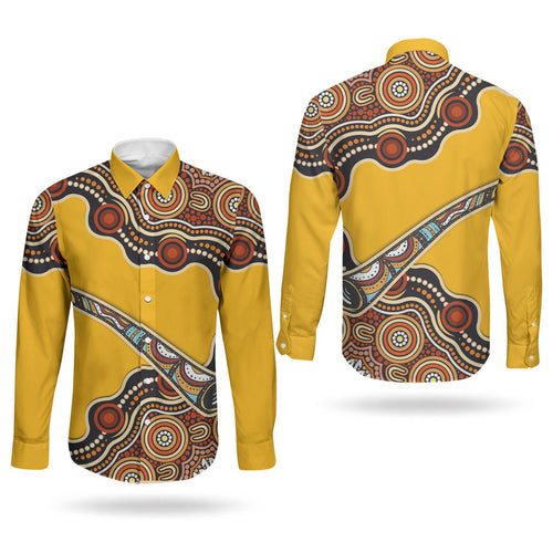 Didgeridoo Couples Matching Long Sleeve Bodycon Dress and Long Sleeve Button Shirt Aboriginal Dot Painting Indigenous Traditional Instrument