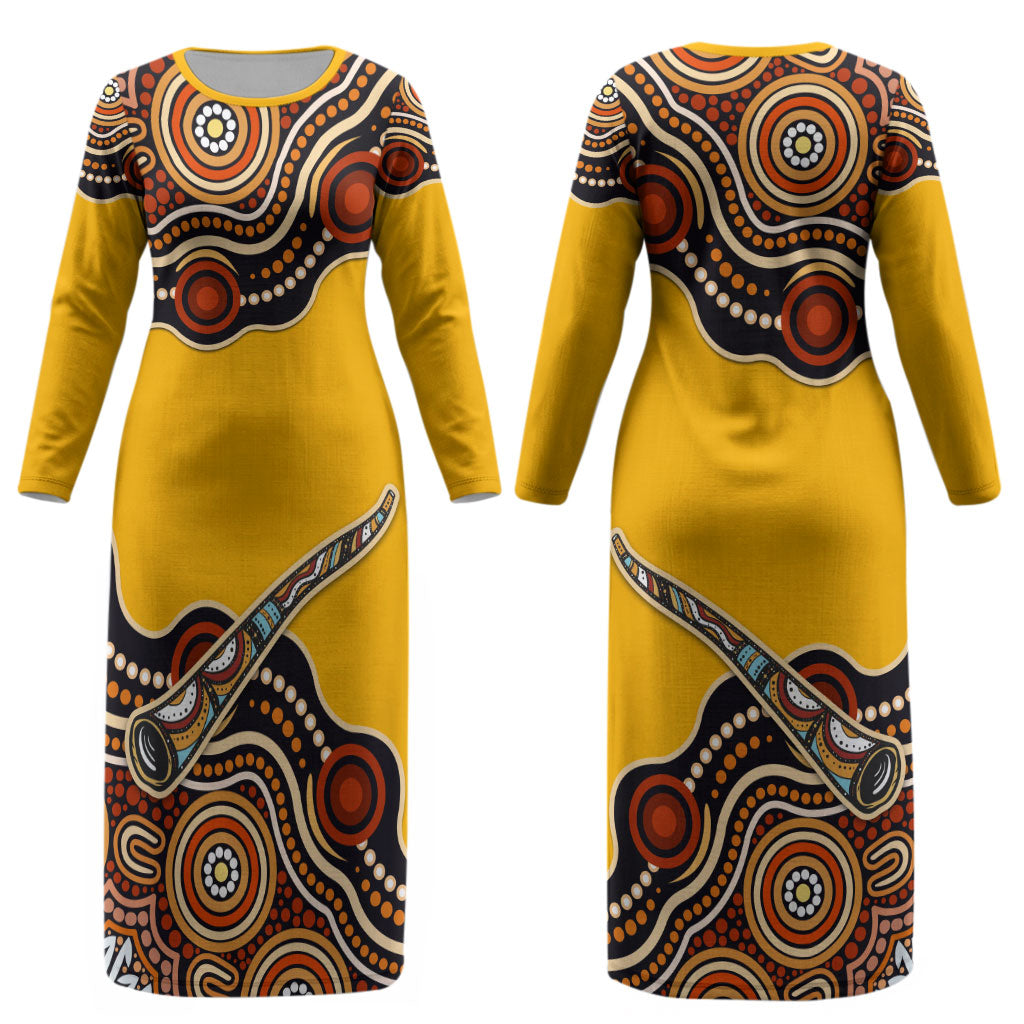 Didgeridoo Couples Matching Long Sleeve Bodycon Dress and Long Sleeve Button Shirt Aboriginal Dot Painting Indigenous Traditional Instrument