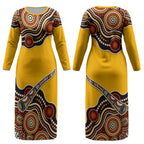 Didgeridoo Couples Matching Long Sleeve Bodycon Dress and Long Sleeve Button Shirt Aboriginal Dot Painting Indigenous Traditional Instrument