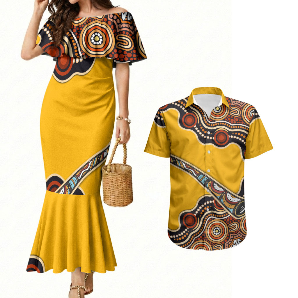 Didgeridoo Couples Matching Mermaid Dress and Hawaiian Shirt Aboriginal Dot Painting Indigenous Traditional Instrument