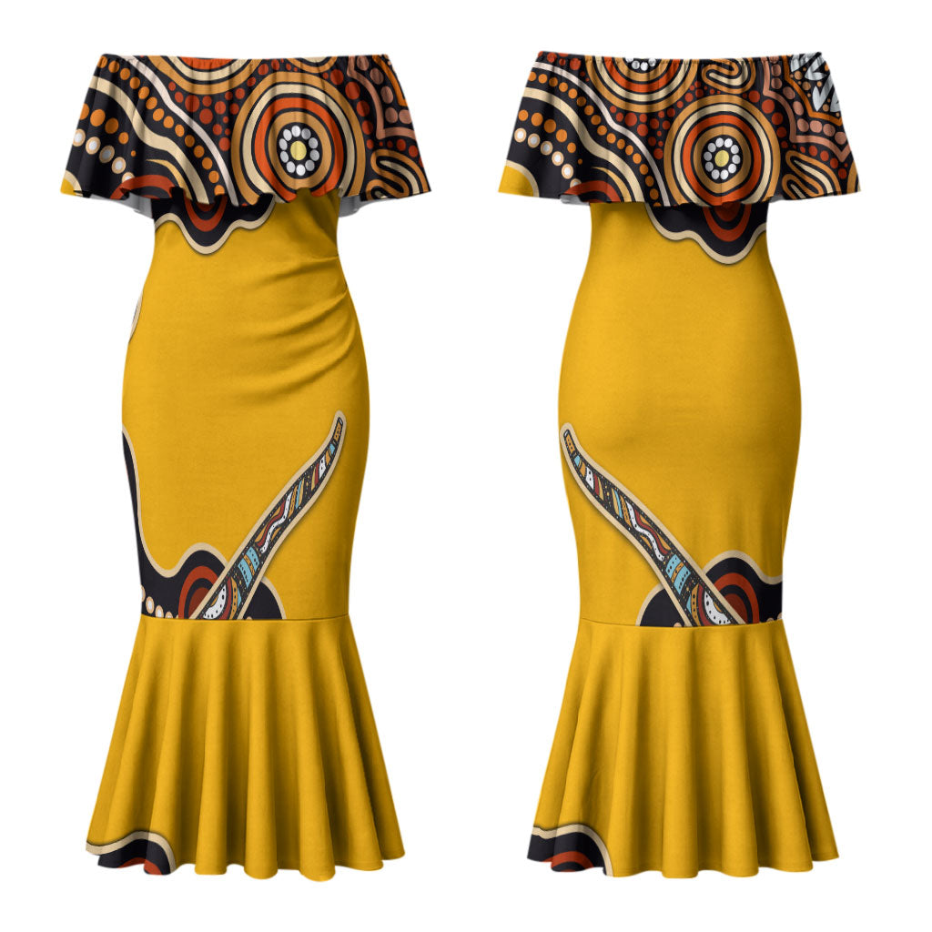 Didgeridoo Couples Matching Mermaid Dress and Hawaiian Shirt Aboriginal Dot Painting Indigenous Traditional Instrument