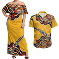 Didgeridoo Couples Matching Off Shoulder Maxi Dress and Hawaiian Shirt Aboriginal Dot Painting Indigenous Traditional Instrument