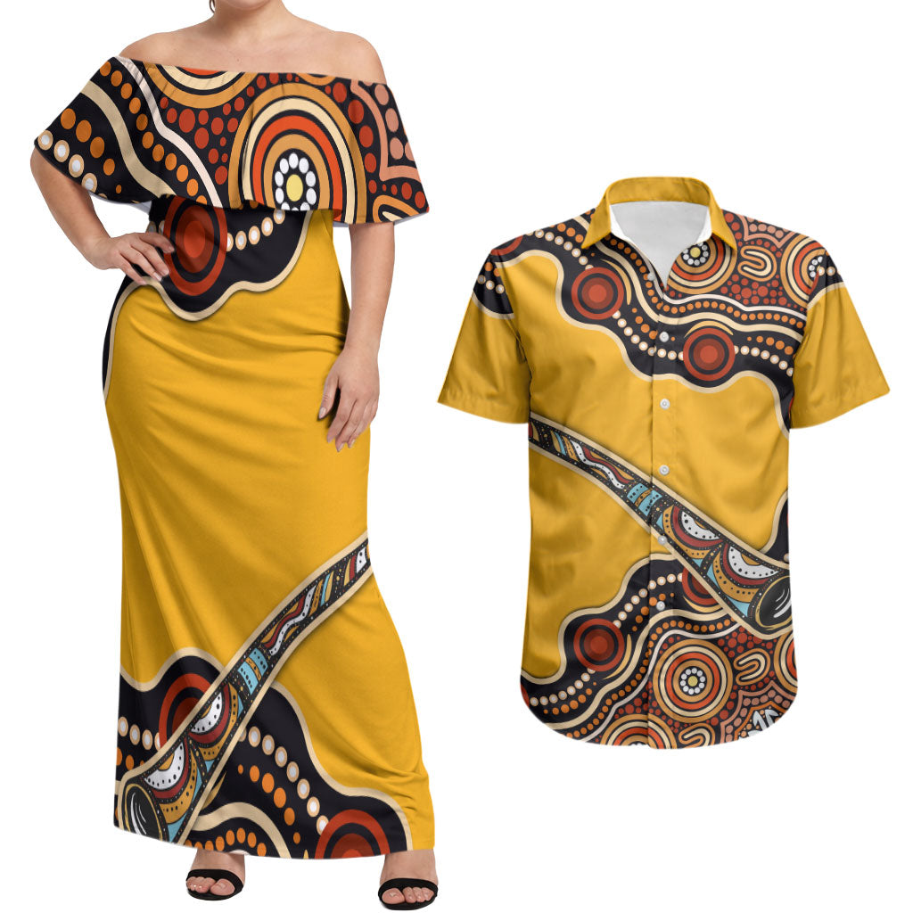 Didgeridoo Couples Matching Off Shoulder Maxi Dress and Hawaiian Shirt Aboriginal Dot Painting Indigenous Traditional Instrument
