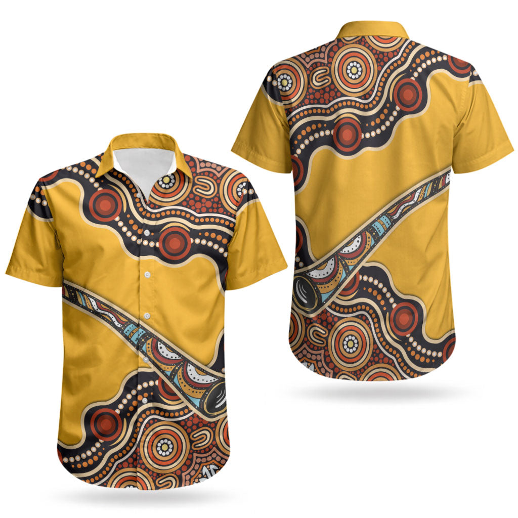 Didgeridoo Couples Matching Off Shoulder Maxi Dress and Hawaiian Shirt Aboriginal Dot Painting Indigenous Traditional Instrument
