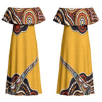 Didgeridoo Couples Matching Off Shoulder Maxi Dress and Hawaiian Shirt Aboriginal Dot Painting Indigenous Traditional Instrument