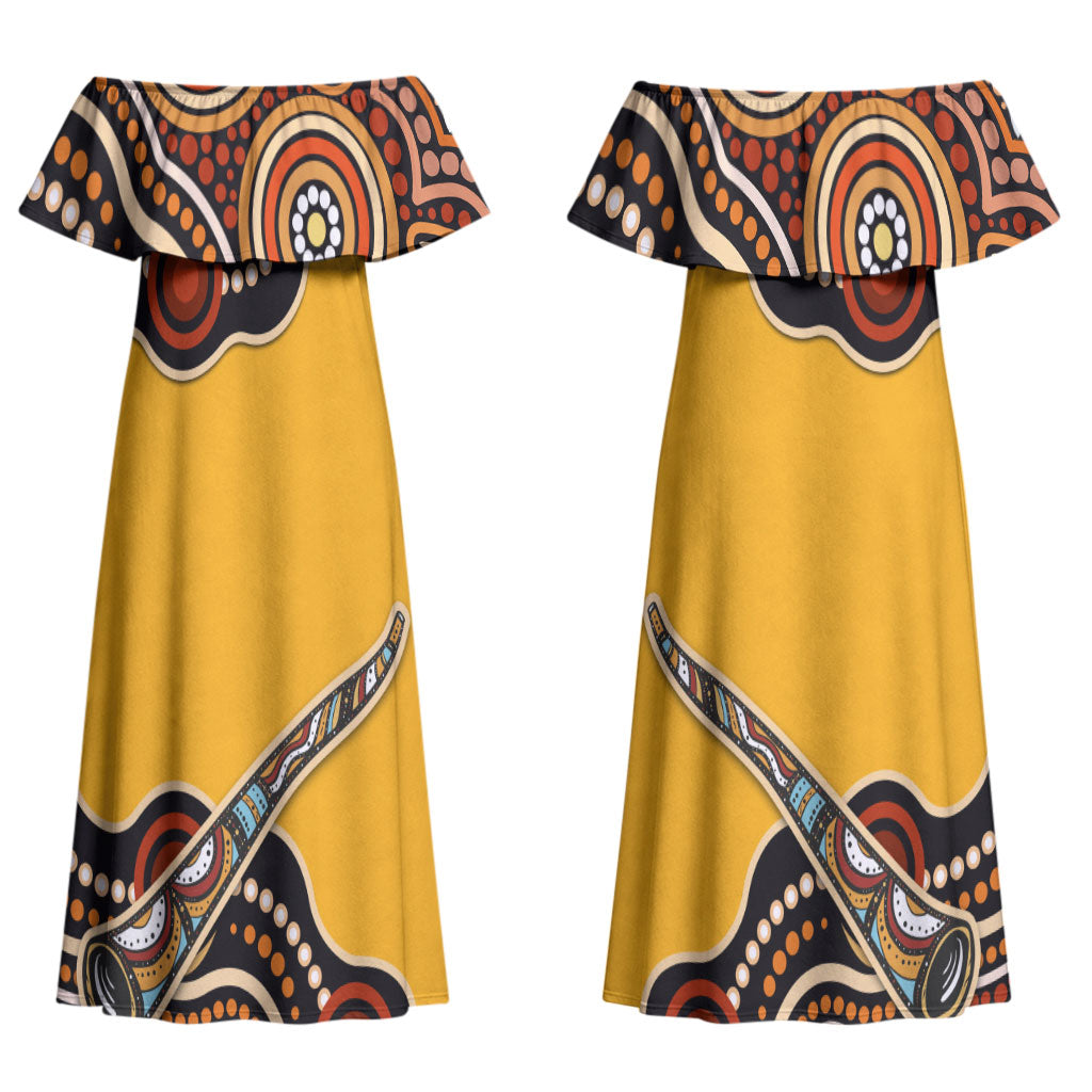 Didgeridoo Couples Matching Off Shoulder Maxi Dress and Hawaiian Shirt Aboriginal Dot Painting Indigenous Traditional Instrument