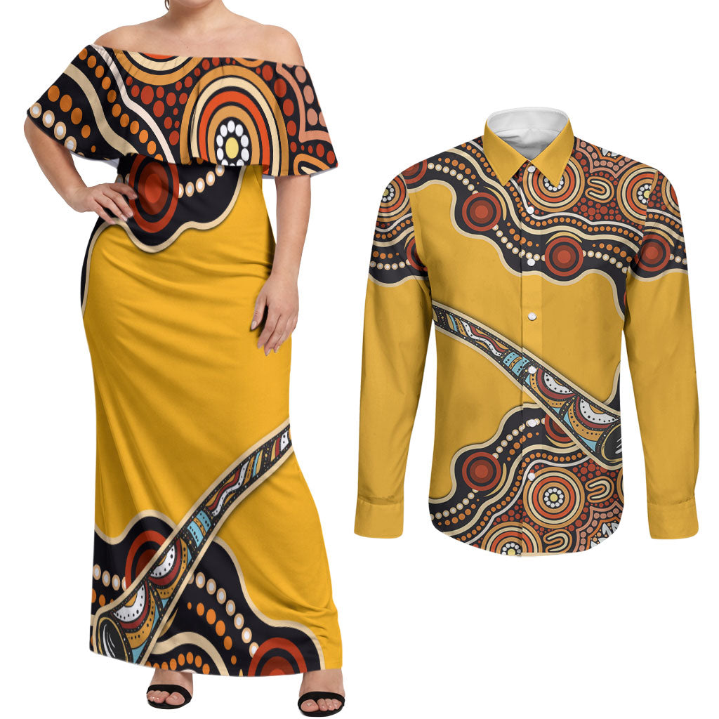 Didgeridoo Couples Matching Off Shoulder Maxi Dress and Long Sleeve Button Shirt Aboriginal Dot Painting Indigenous Traditional Instrument