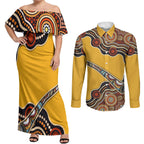 Didgeridoo Couples Matching Off Shoulder Maxi Dress and Long Sleeve Button Shirt Aboriginal Dot Painting Indigenous Traditional Instrument
